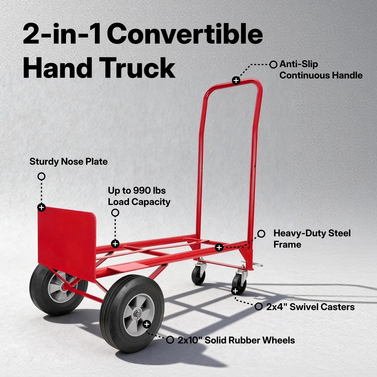 2-in-1 Convertible Hand Truck & Dolly, 990 LBS Capacity, Heavy Duty Steel Folding Cart w/10" Flat-Free Wheels, Beveled Nose Plate for Moving & Delivery