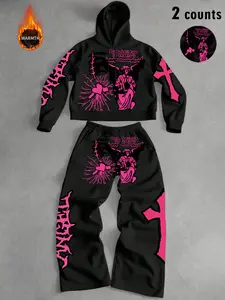 Tiktok Trendy Y2K Style Angel Hoodie & Pants Set, Fall Winter Fitted, Streetwear Gothic Couple Look, Casual Daily Wear