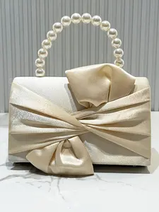 Elegant Women's Evening Envelope Clutch Bag, Pearl Strand Handbag, Silk Bow Design, Perfect for Weddings, Parties, Formal Events, Romantic Gift