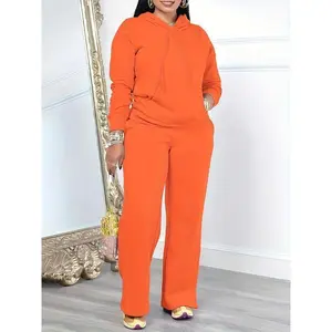 [Long Sleeve Hooded Sweatshirt Set] Solid Color Casual Set, Long Sleeve Hooded Drawstring Sweatshirt & Straight Leg Pants, Women's Clothing