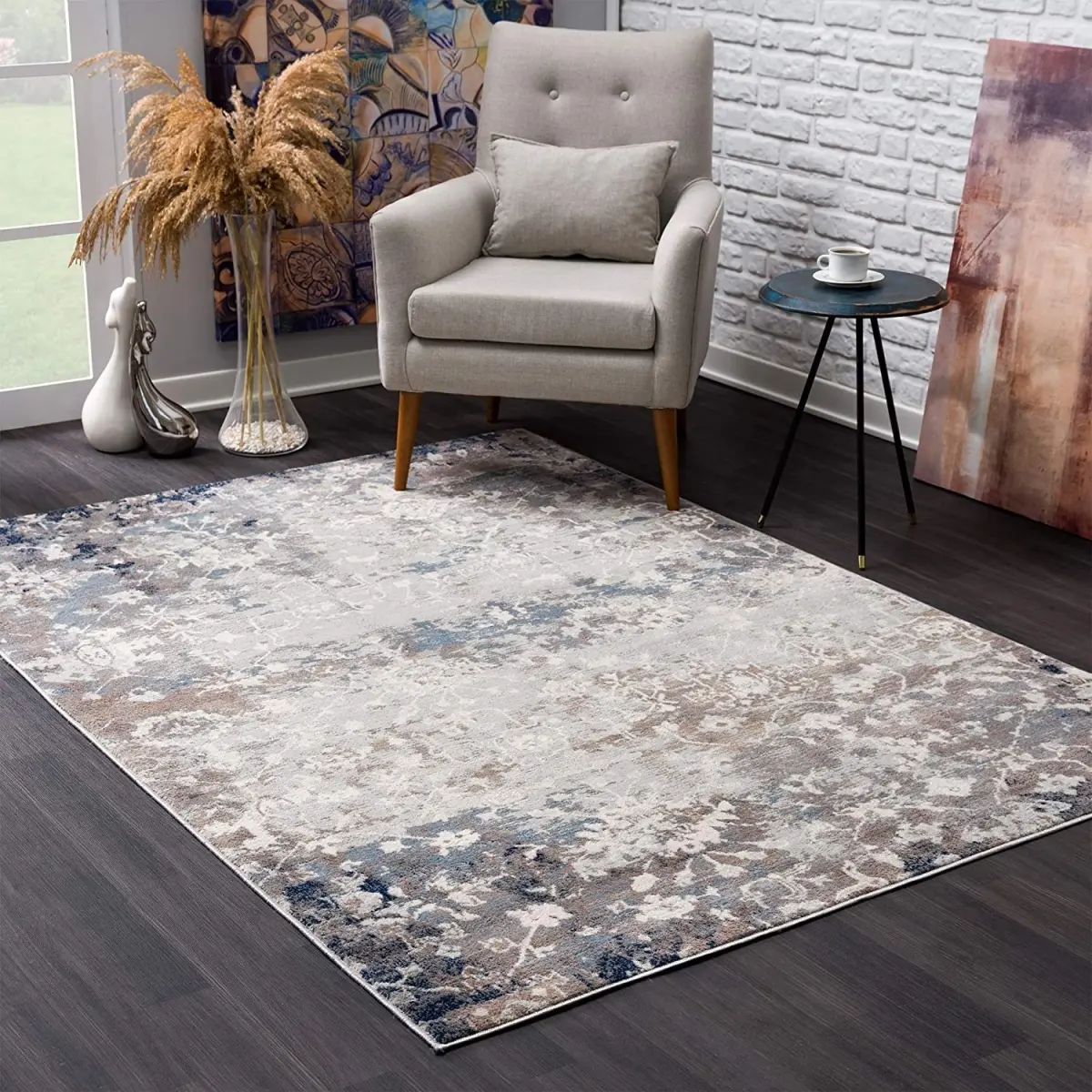 360 stand Distressed Floral Vines Scatter Rug - 2x3 ft, Navy & Beige, Modern Medium-Pile, Stain-Proof, for Indoor Use, Botanical Area Rugs, Home Decor Rugs, Floral Print Rug