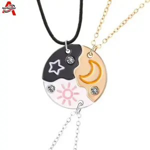 2026 NEW Set of 3 Round Rhinestone Star Moon Sun Friendship Necklaces, BFF Best Friends Cute Pendant for Unbreakable Friendship