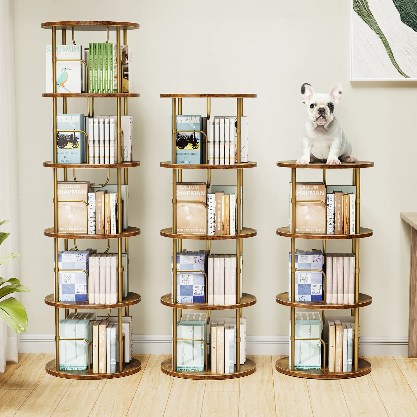 Flycity 3-5 Tiered Round Bookshelf - 360° Rotating Durable Display Tower, Assembly Required Indoor Furniture for Home Study, Bedroom Organization Stand
