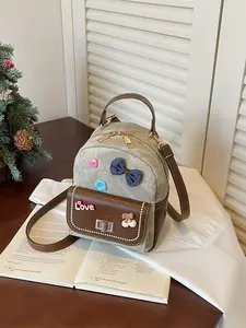 Women's Cute Cartoon Mini Backpack, Patchwork Synthetic Leather, Zipper Closure, Sweet Sticker Design, Handheld, Ideal for Students & Daily Use