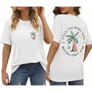 Beachy Backprint Tops, Trendy Coconut Tree Shirt Unisex Tee Teen Baptism Gift Ocean Inspired Style Womenswear Printed