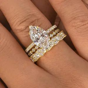 Effinny Jewelry 3.5ct Marquise Cut 3PC Wedding Ring Set, 925 Sterling Silver Promise Ring with 2 Eternity Bands, 5A Cubic Zirconia Women's Ring for Daily, Wedding, Party