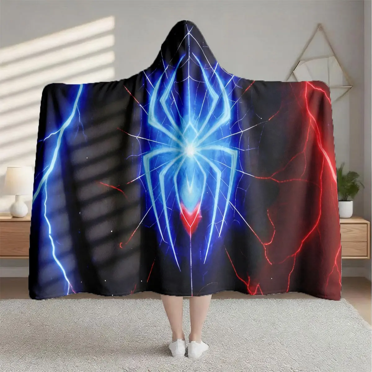 1 Piece Spider Lightning Logo Hooded Blanket, Digital Printed Flannel Fleece Blanket, Wearable Hooded Throw, Soft Warm Blanket, Soft Cozy Blanket, Ideal for Sofa, Home Leisure, Air Conditioning Nap, Office Bed or Camping & Travel, Blanket Gifts