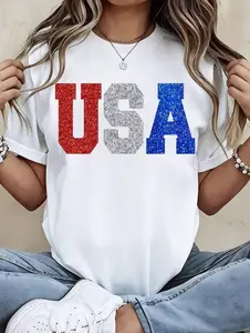 100%CottonGlitter Usa Patriotic T Shirt Red White And Blue Sparkle Print For Independence Day Celebration Party WearBreathable Cotton Tee, All Match