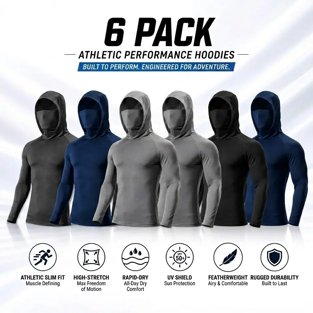 Men's 6-Pack Versatile Performance Hoodie Set - Athletic Clothes, Fitness Apparel, Activewear Running, Casual Sport Hoodie with Built-in Mask, Breathable Rapid-Dry Fabric, Lightweight Sun Protection for Gym, Outdoor Adventure