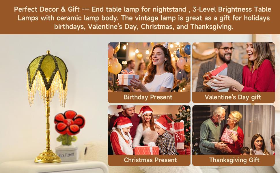 Vintage Tasselled Table Lamp with Beaded Shade, 3 Color Temperatures, Green and Gold, Victorian Style-C