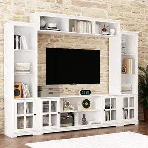 FUFU&GAGA 4-Piece Wall Unit TV Stand with Bookshelves for TVs up to 65", Modern TV Console Table Media Entertainment Center with Glass Doors Living Room Apartment Furniture