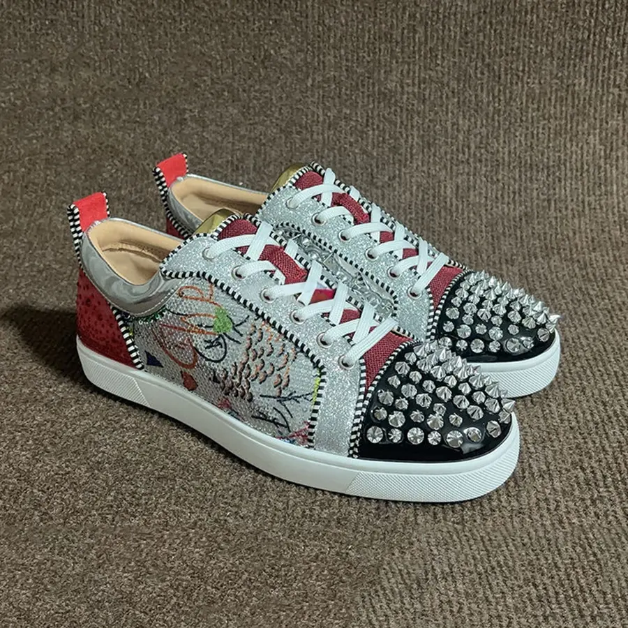 Silver Glitter Designer-Inspired Low-Top Sneakers with Black Patent Studded Toe & Red Outsole– Luxe Streetwear for Statement Looks,portable,rain
