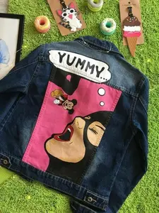 Yummy Pop Art Denim Jacket for Men and Women – Bold Pink Graphic Jean Jacket with Cartoon Mashup – Hand-Painted Oversized Streetwear for Trendy Fashion Lovers