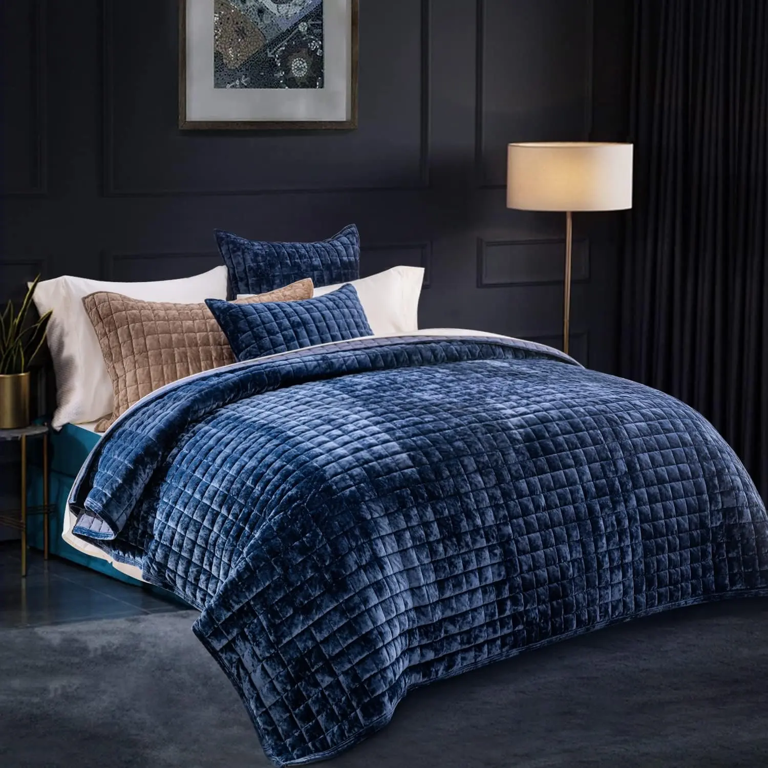 Navy Blue Twin/Twin XL Velvet Quilt Set - Durable, Fade-Resistant, Ultra-Plush All-Seasons Lightweight Coverlet with Channel Stitch & 1 Matching Pillow Sham