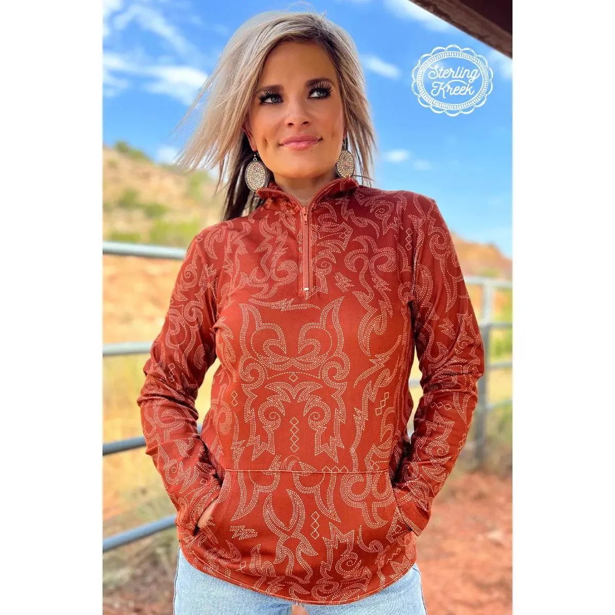 Sterling Kreek Women's Collared Hoodie - Western Boot Stitch Pullover Sweatshirt, Rustic Ranch Cotton-Rayon-Spandex Top, Long Sleeves, Functional Pocket, Casual Fashion Clothes