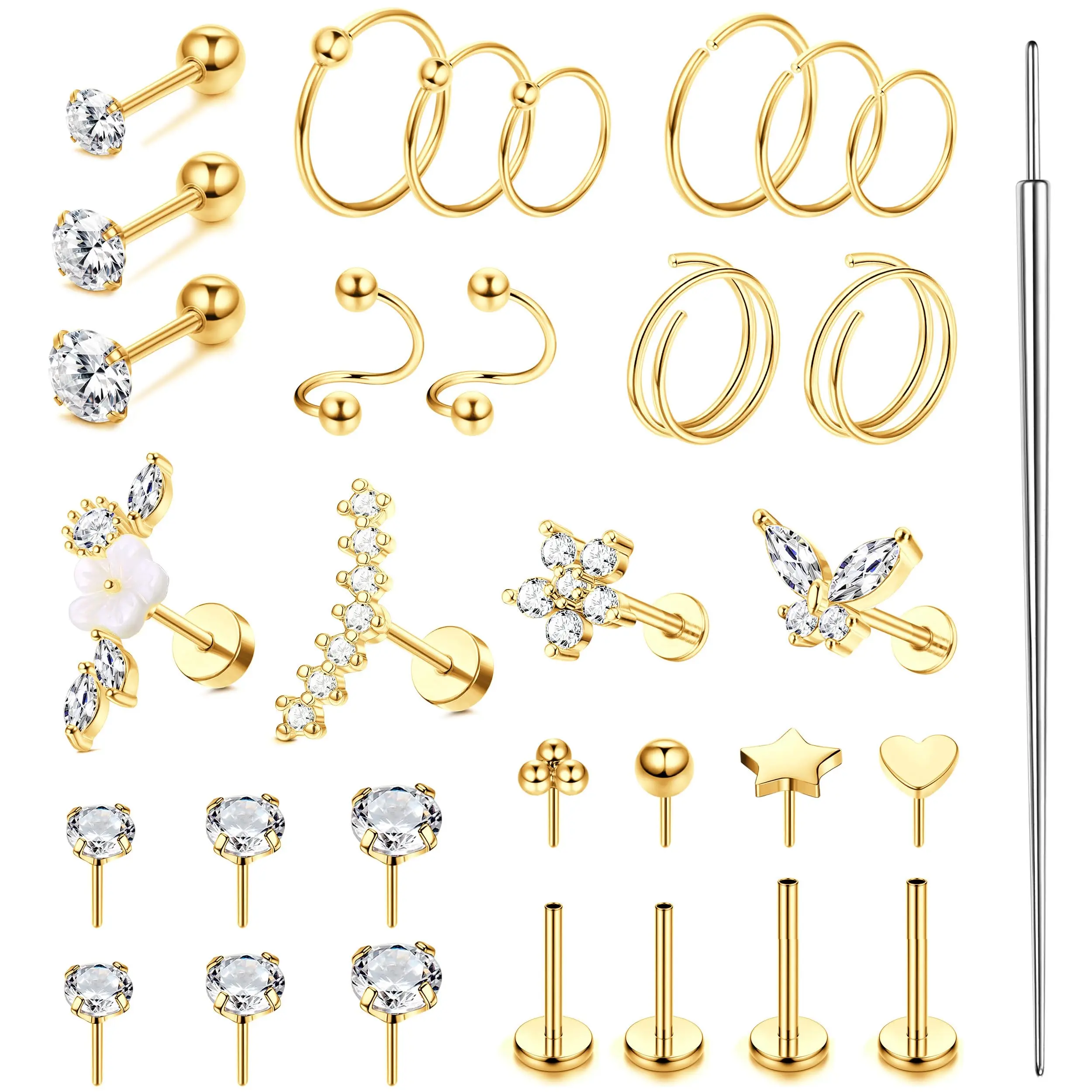 MILACOLATO Unisex Hypoallergenic Surgical Steel Body Piercing Jewelry (16-20G) - Push-In Cartilage Studs, Hoops, Flat Back Threadless Pieces for Tragus, Helix, Lip Labret, Ear Piercings Kit with Bling Effect, Nose Jewelry, Nose Rings Set