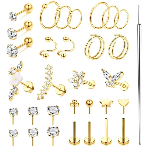 MILACOLATO Unisex Hypoallergenic Surgical Steel Piercing Kit (16-20G) - Durable Steel Resists Wear, Geometric Push-In Mix Studs, Hooped Hoops, Bars, Stones, Flat Back Earrings, Threadless Pieces, Nose Ring Jewelry for Daith, Tragus