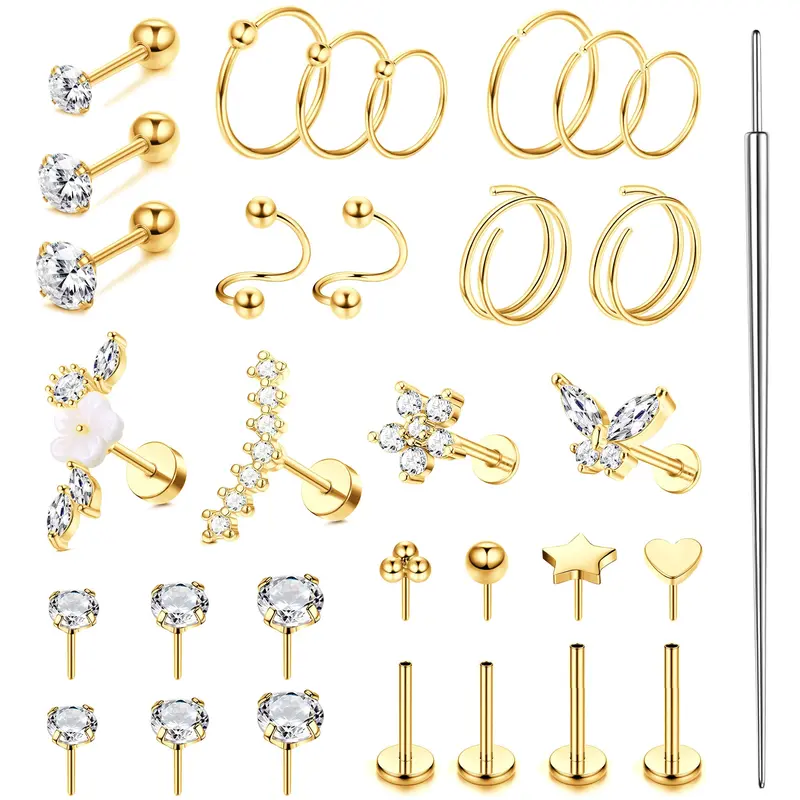 MILACOLATO Unisex Hypoallergenic Surgical Steel Piercing Kit (16-20G) - Durable Steel Resists Wear, Geometric Push-In Mix Studs, Hooped Hoops, Bars, Stones, Flat Back Earrings, Threadless Pieces, Nose Ring Jewelry for Daith, Tragus
