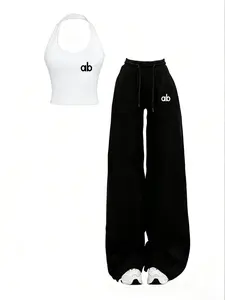 Women's Asymmetrical Crop Top & High Waist Wide Leg Pants Set, Y2K Style Everyday Sleeveless Fitted Design, Comfortable Breathable Fabric