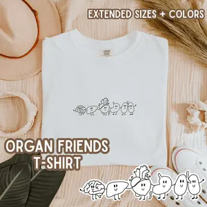 Organ Friends Comfort Colors T-Shirt EXTENDED SIZES & COLORS Minimalist Monoline Design Cute Healthcare Gift for Doctors Nurses PAs NPs Med Students Anatomy Lovers Unisex Fit Garment Dyed 100% Ring Spun Cotton Super Soft Summer Tee