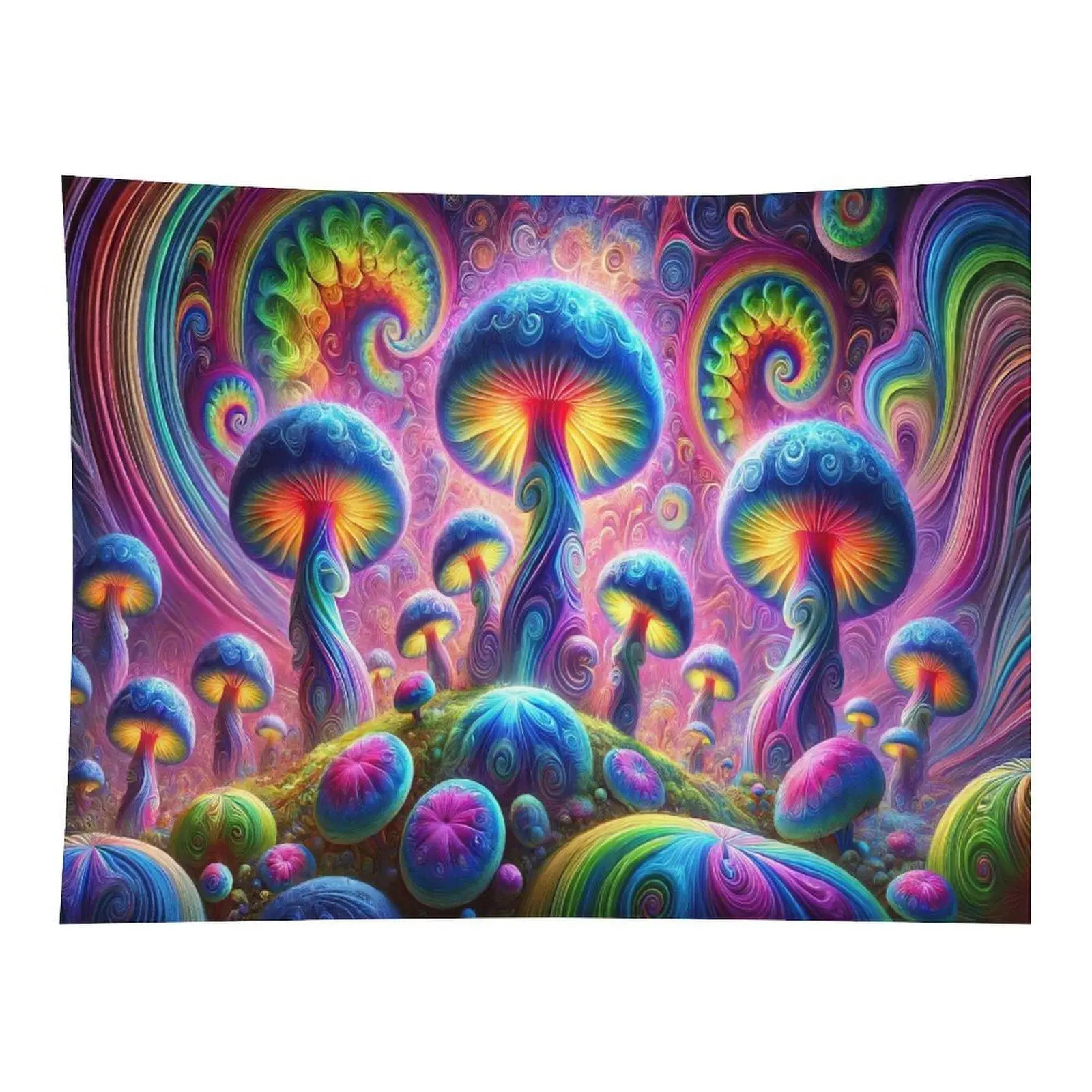 Psychedelic Rectangular Multicolor Print Glowing Mushroom Forest Tapestry - Rainbow Swirls Trippy Fantasy Wall Hanging, Bohemian Wall Decor for Room Whimsical Home Use
