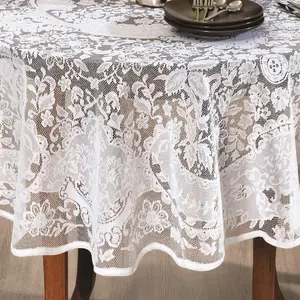 AdonisUSA 60 inch Round Lace Tablecloth with Floral Design in White or Ecru Color for Kitchen Tea Party Wedding Reception