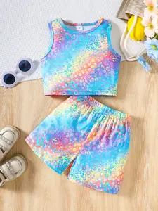 Two-Piece Girls' Casual Leopard Print Set, Soft Knit Sleeveless Top and Gym Shorts, Comfortable and Stylish Kids Summer Set Clothes Kids