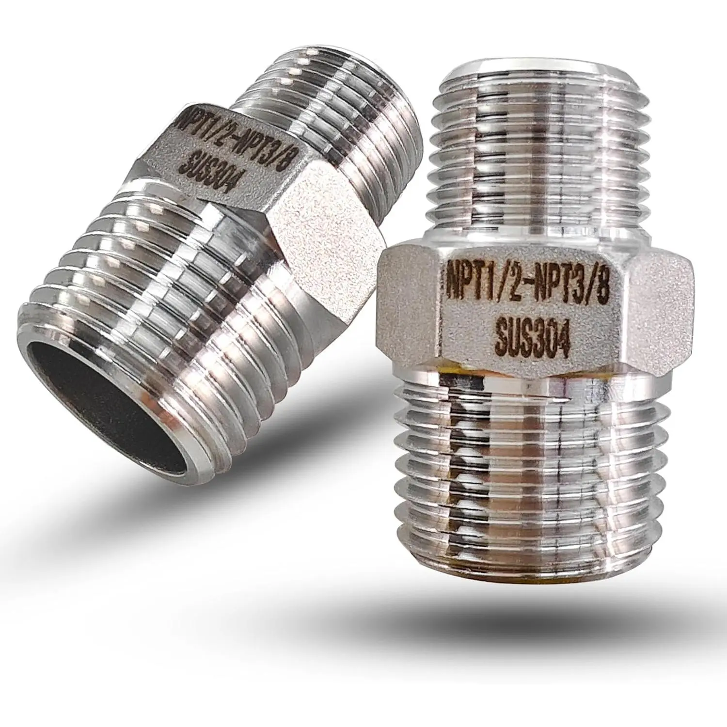 1/2" to 3/8" Male NPT Hex Reducing Nipple Fitting Adapter, 304 Stainless Steel 1/2 Inch to 3/8 Inch MNPT Threaded Pipe Adapter Fittings Reducing Nipples Connector (1/2" x 3/8" Male)