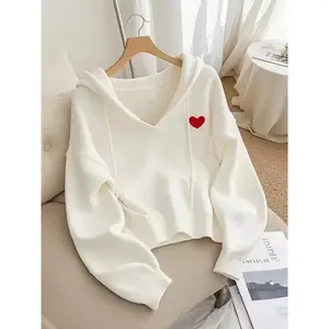 Women's Casual Knit Pullover Sweater, V Neck Hooded Sweatshirt, Loose Fit, Heart Embroidery, Fall & Winter Fashion Autumn and winter fashion women's wear