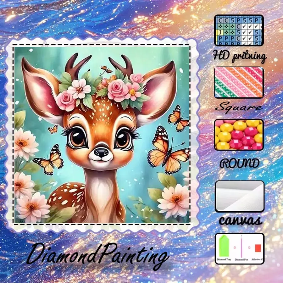 5D-DIY, high-quality velvet canvas, diamond art, diamond painting kit, cute little deer AB diamonds, fairy dust diamonds, crystal diamonds, perfect home decor, handmade diamond art painting kit, special craft diamond art kit, DIY Kits, Handmade Gifts