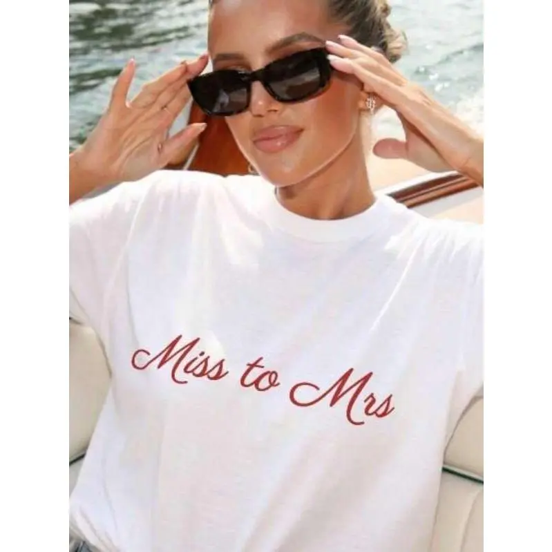 Women's Pure Cotton Breathable Short-Sleeve Casual Streetwear Shirt - Fun Print, Miss To Mrs Bride T-Shirt, Wedding Era Bridal Outfit, Bachelorette Top, Bride Essential