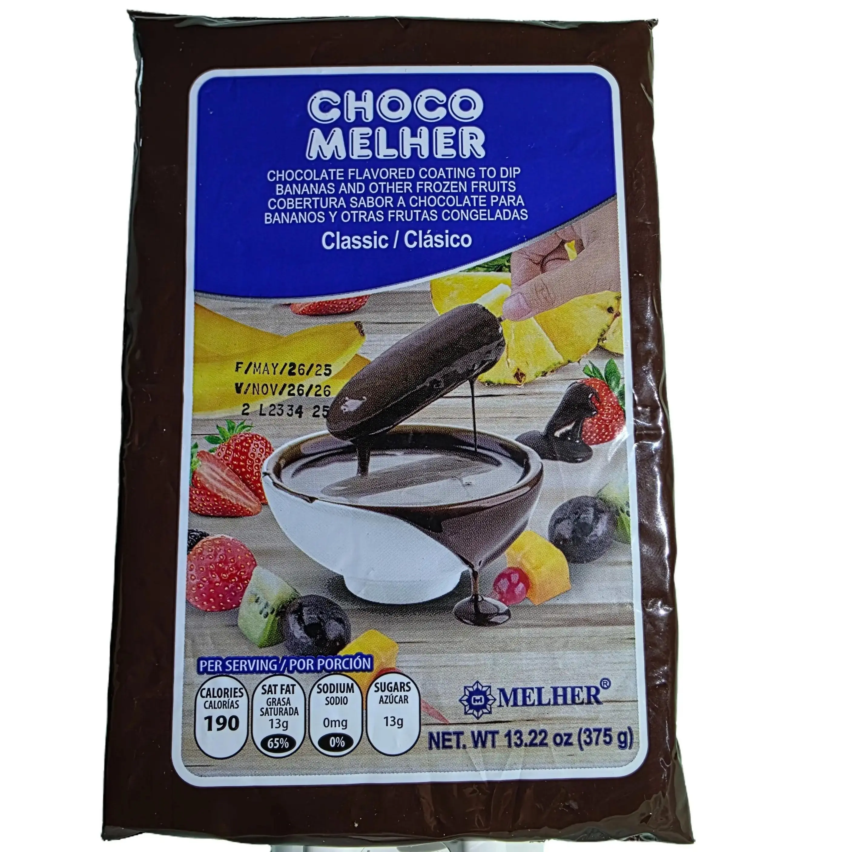 Melher Choco Melher Clasico Chocolate Flavored Coating to Dip Banana and Other Frozen Fruits Classic 13.22 oz