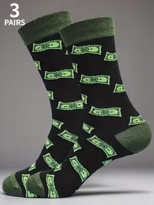 3 pairs of men's creative mid-calf socks with dollar patterns, featuring a black background and green coin design. They are full of fun, suitable for daily wear and gifting, and can be used in all seasons and various festivals, making them an ideal choice