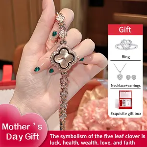 【 Perfect gift set 】 Four-Leaf Clover Energy Stone Bracelet Watch: Not only a watch, but also an energy stone bracelet. The fashionable and elegant design, paired with a romantic rose-themed gift box, makes it the perfect gift for your lover.