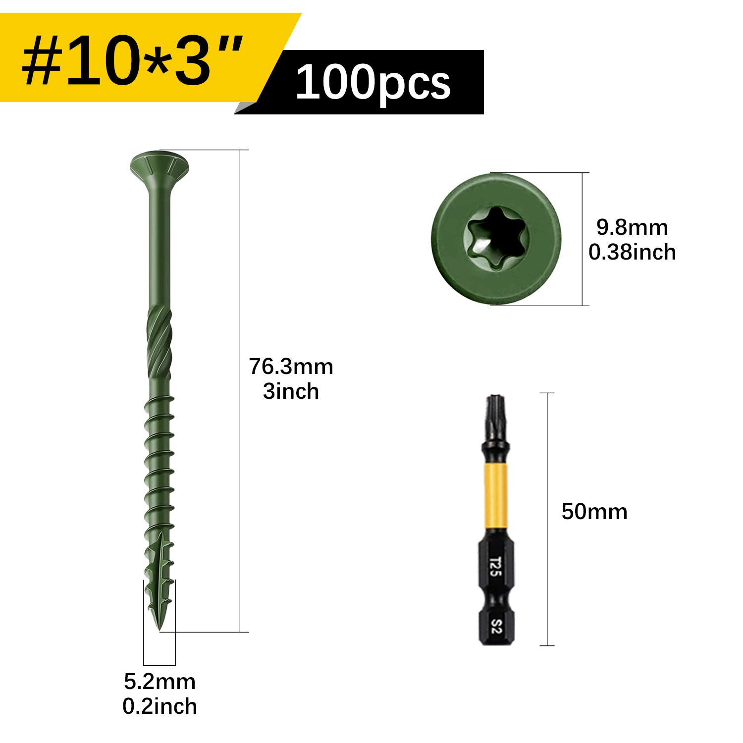 VKKM 100Pcs #10 x 3 Inch Green Torx Deck Screws, Knurled Self-Tapping Anti-Split Rust Resistant Exterior Wood Fasteners with T25 Bit for Deck Fence Outdoor Woodworking