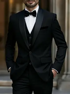 Men'S 3pcs Suit Set, Large Suit, Suit Pants, Formal Tie, Wedding Dress, Vest, Work Uniform, Holiday Gift, Business, Halloween, Casual Style, Solid Color, Long Sleeve, Lapel Collar, Non-Stretch Fabric, Faux Buttons, All-Season Wear