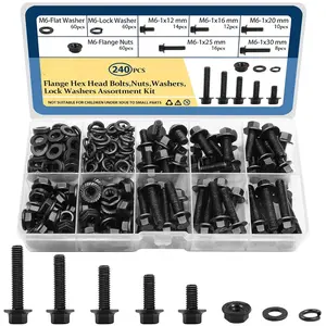 M6-1.0 Bolt x (Length 12/16/20/25/30mm) Flange   Assortment Kit (240 Pack) with 6mm Bolt, Serrated Flange Nuts, Washers, Alloy Steel Black Oxide Finish Plated, Full Thread