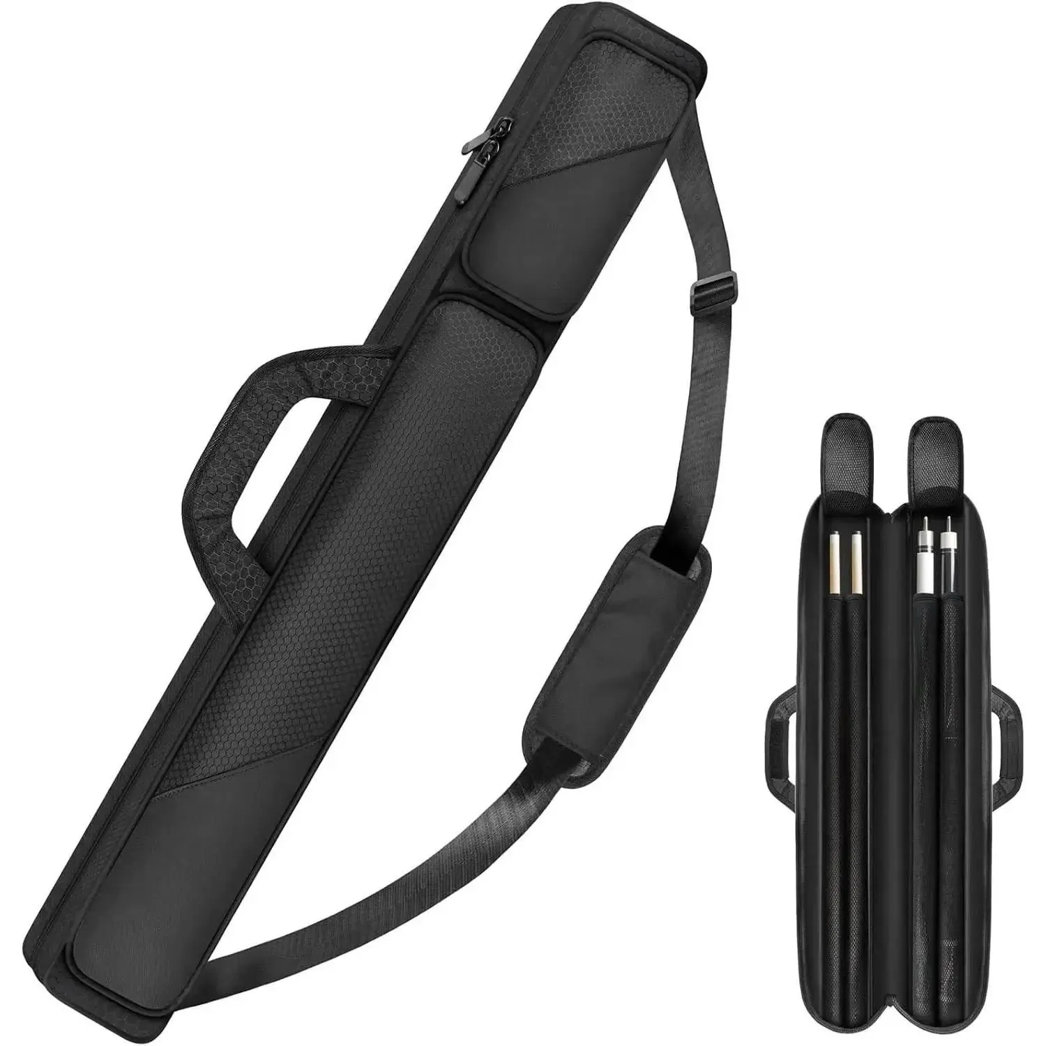 Pool Cue Case, Pool Stick Case 2x2 Holds 2 Sticks with 2 Accessory Zipper Pockets, Sturdy Polyester Pool Cue Carry Bag with Shoulder Strap Handle, Soft Billiard Cue Sling Bag for Men and Women