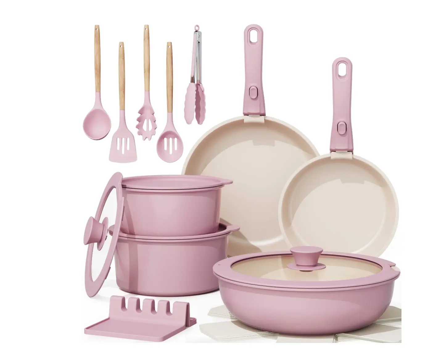 20-Piece Ceramic Pots and Pans Set, Nonstick Cookware Set with Detachable Handles, Oven Safe to 480°F, Induction Compatible, Stackable RV Kitchen Cooking Set, Pink