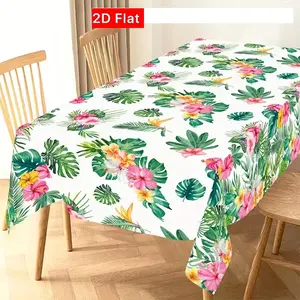 2D Flat Party Tablecloth 1pc, Hawaiian Polyester, Tropical Palm Leaf & Hibiscus Pattern, Durable Rectangular, Beach Pool Party Decor