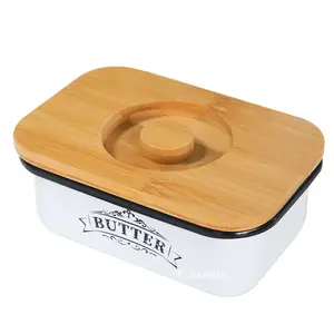 【Perfect Kitchen Gift】SOTECH Butter Dish with Lid Ceramic Luxury Butter Jar for Countertop Silicone Sealing Small Metal Butter Box and Thicker Bamboo Cover for Home Farmhouse Decor Storage Box Butter Lover