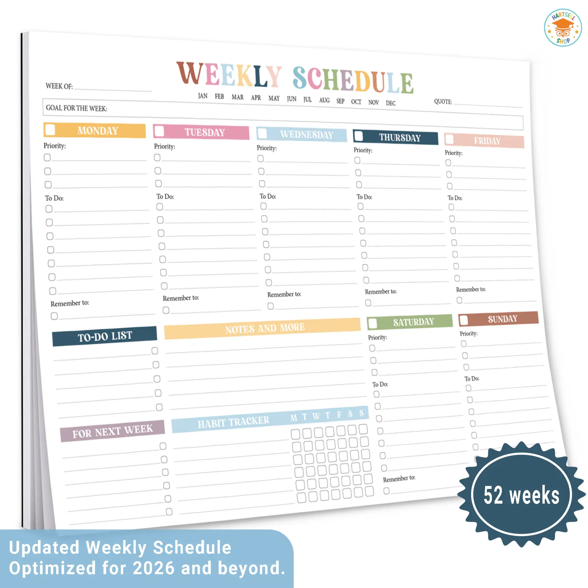 Weekly Planner Pad (52 Sheets) – Large 8.5×11 Tear-Off Desk Planner, Clean Colorful Design for Work, School & Productivity