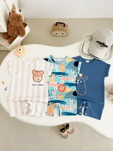 Cute Giraffe Cartoon Print Short Sleeve Romper Set for Baby Boys & Girls, Summer Daily Wear, 3-Piece Comfortable Design