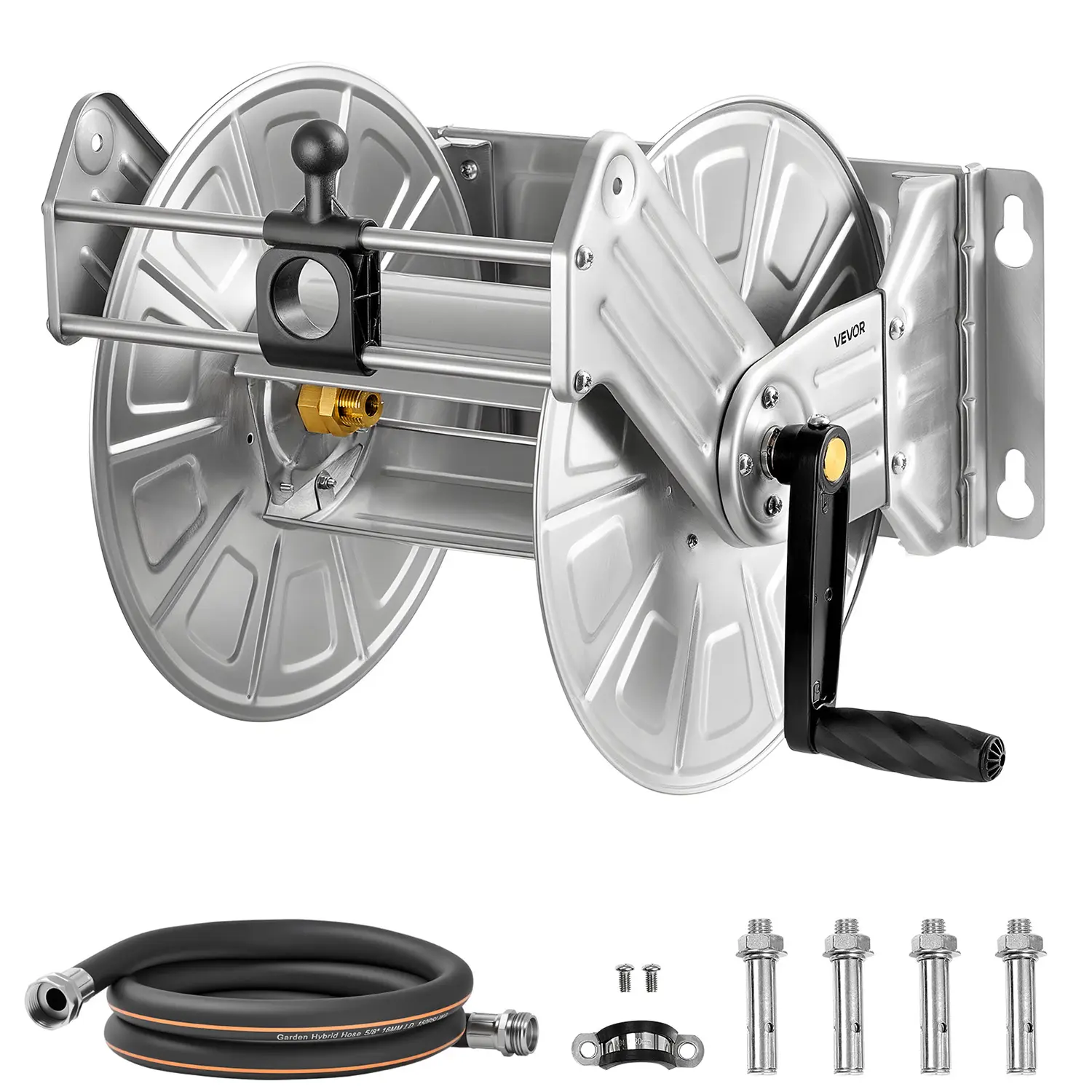 【Summerfinds】VEVOR Wall Mounted Garden Hose Reel,Holds 150 ft 5/8-inch Water Hose WinderHeavy-Duty Stainless SteelOutdoor Manual Reel with Brass Fitting & Hose GuideSpace Savingfor Yard Lawn Garage