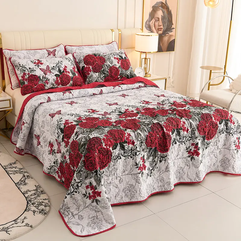 ML 5PCs Rose-Floral Quilt Bedspread Sets, Ultra Soft Floral Rose Flowers Coverlet Bedding Set with Printed Pattern, Microfiber Quilts for Queen King S