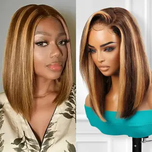Wear and Go Pre Cut Glueless 100% Virgin Human Hair 5x5 Lace Wig Honey Blonde Chunky Highlight Bob 12"