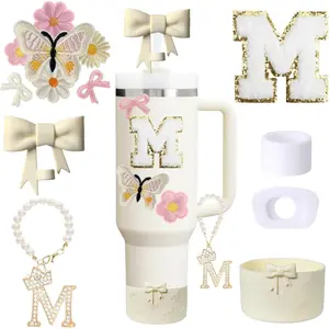 13PCS White Stanley Cup Accessories Set for 30oz 40oz Tumbler with Handle, Including Handle Charm, Personalized Initial Sticker, Straw Topper, Silicone Boot, Spill Proof Stopper(WHITE M)