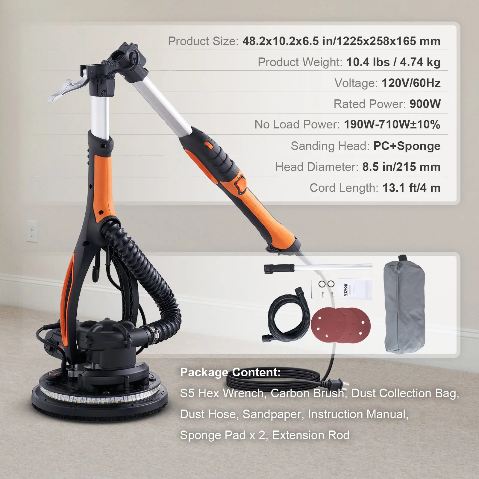 VEVOR Wall Smoother, 900W Power Tool, Includes 12 Sanding Pads, Adjustable Speeds from 800-1800 RPM, 3 Vacuum Tubes, Collapsible Design for Ceilings, Dual LED, Telescopic Grip Dust Collector