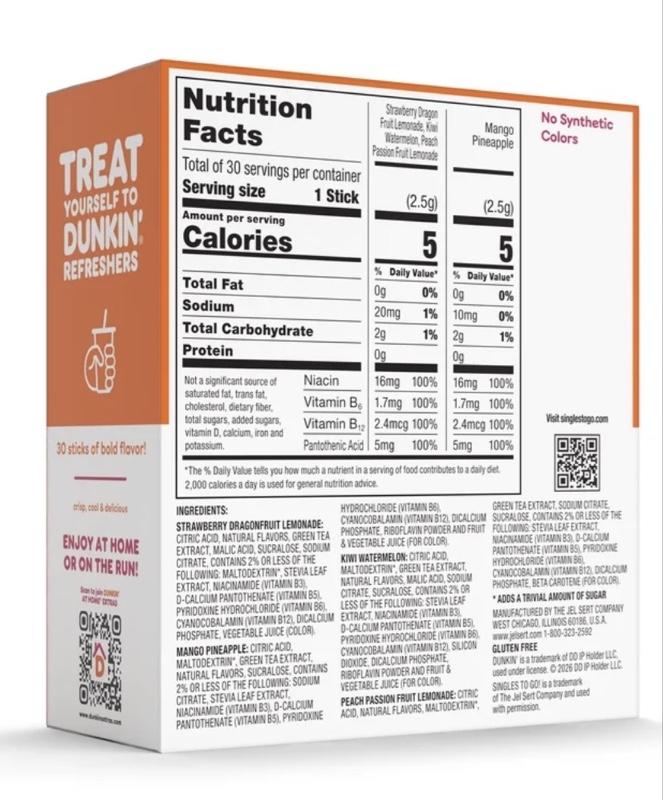 Dunkin' Refreshers Zero Sugar Singles to go Powdered Drink Mix Variety Pack, 30 Count Packets