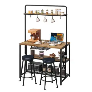 42" Industrial Kitchen Island Dining Table with Storage, Power Outlet, 2 Bar Stools, 3-Tier Bakers Rack, 5 Hooks, Microwave Stand, Coffee Bar – Space-Saving Design